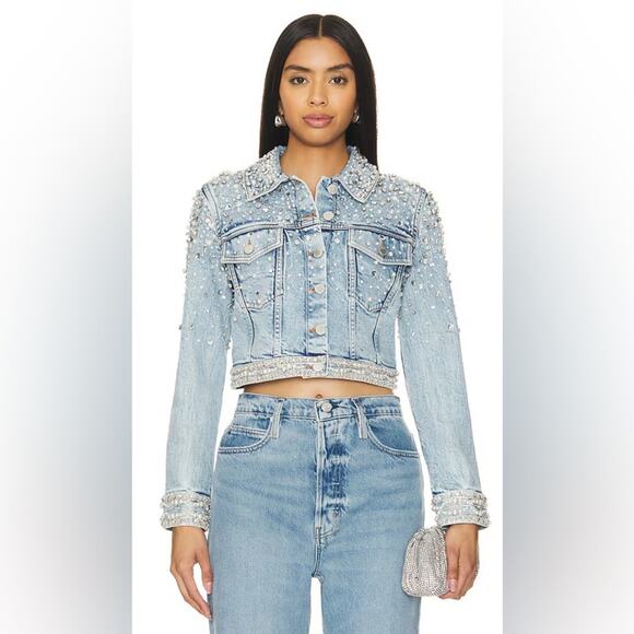 ALICE + OLIVIA Nelson Embellished Beaded Cropped Fitted Denim Jean Jacket Sm NEW - Picture 6 of 16